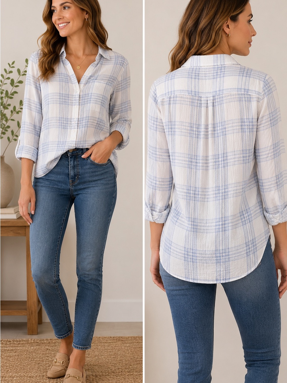 Philosophy Blue & White Plaid Button Front Blouse 100% Viscose Size Small